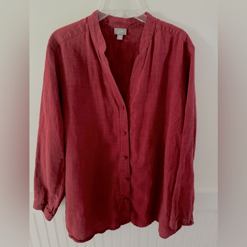 J. Jill Red Linen Long  Sleeve Button Down Shirt